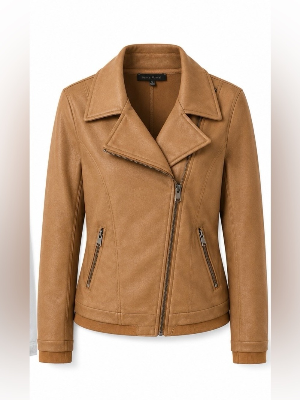 Dance & Marvel Tan Asymmetrical Zip Bomber Jacket-leather look sweatshirt